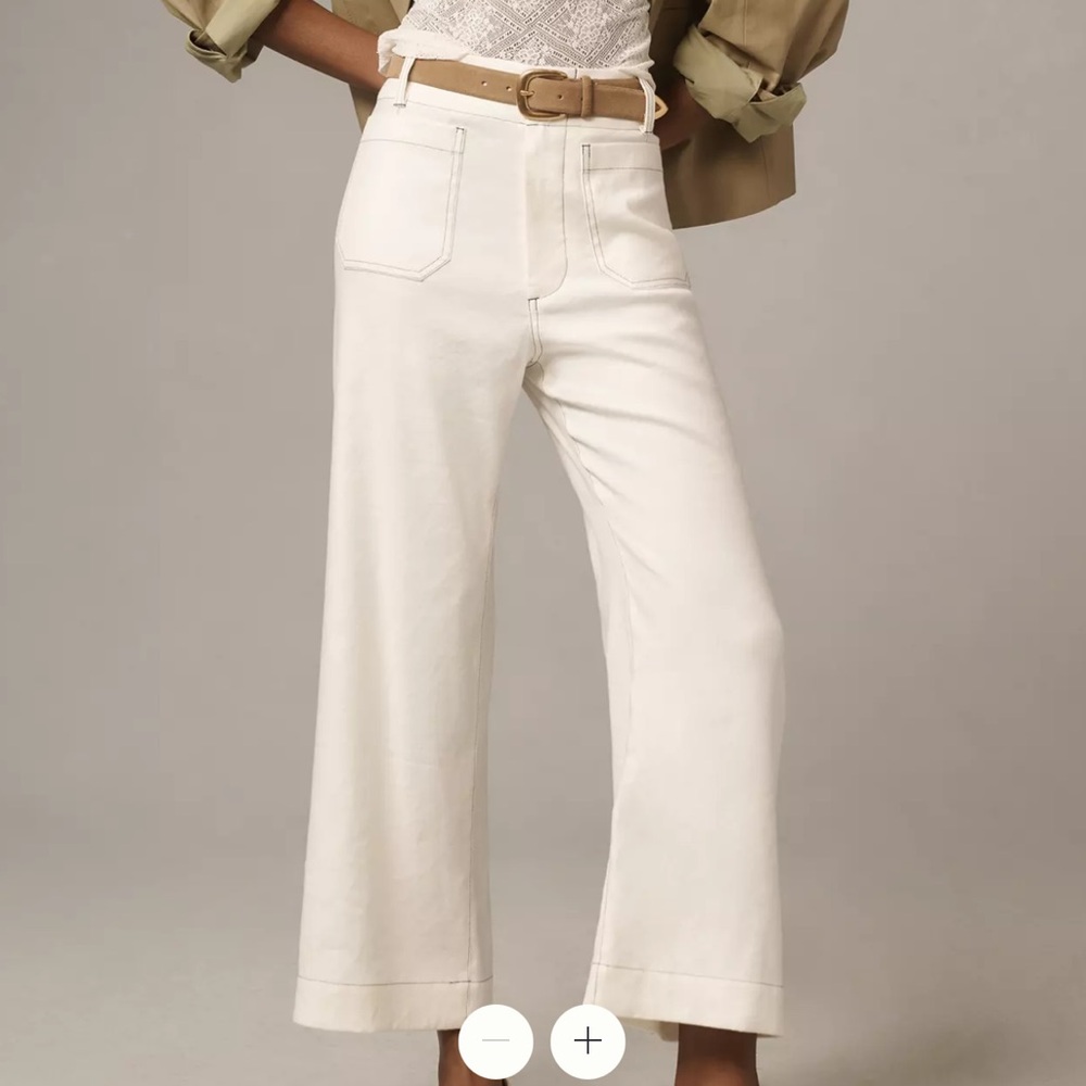 Anthropologie The Colette Cropped Wide-Leg Pants Contrast-Stitch Linen Size 32